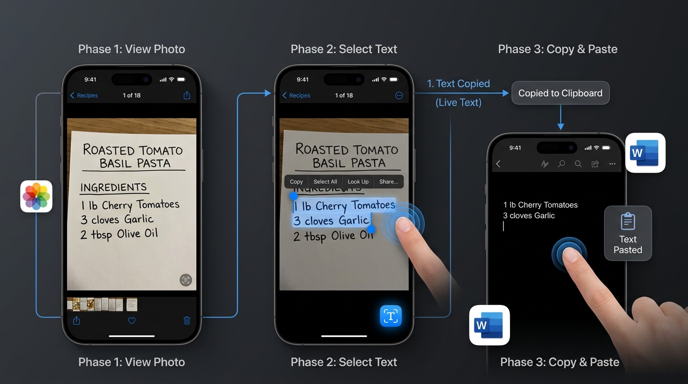Mobile interface diagram showing Apple Live Text selecting and copying text from a photo gallery.