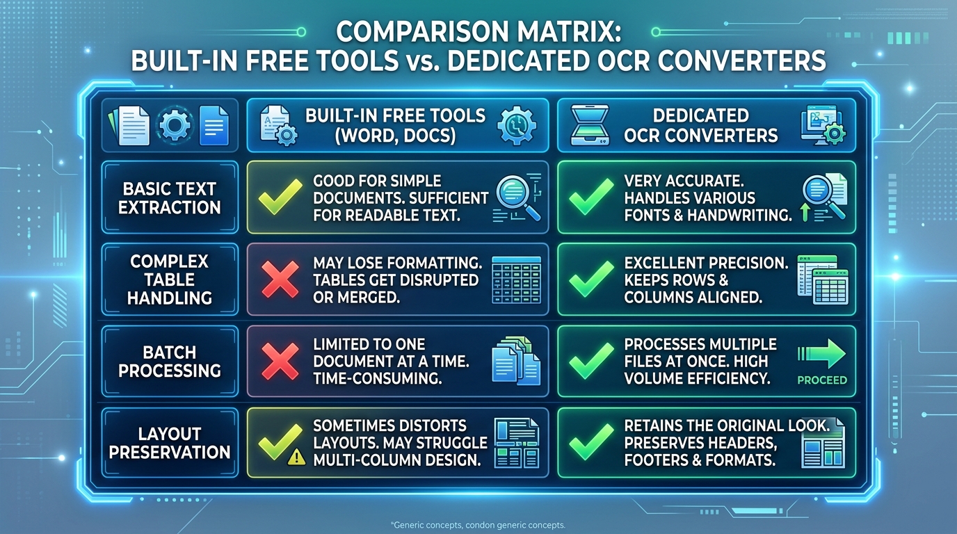 Feature comparison matrix between built-in office OCR tools and dedicated document converters.