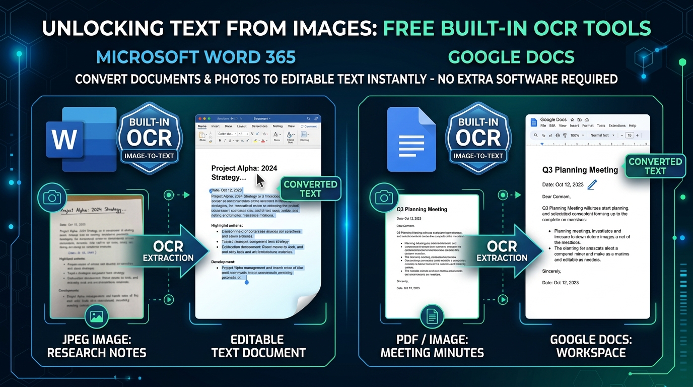 Illustration showcasing built-in OCR tools in Microsoft Word 365 and Google Docs for image text extraction.