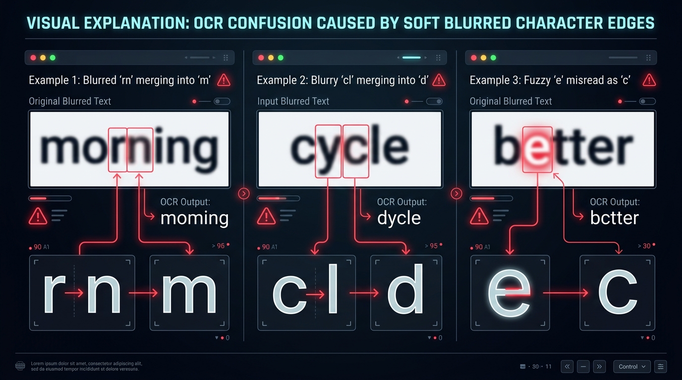 Visual explanation showing how blurred letter contours cause character misrecognition in OCR engines.