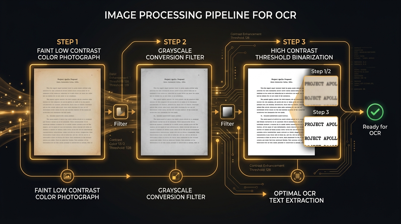 Diagram illustrating grayscale and contrast boost filters to make faint document text readable.
