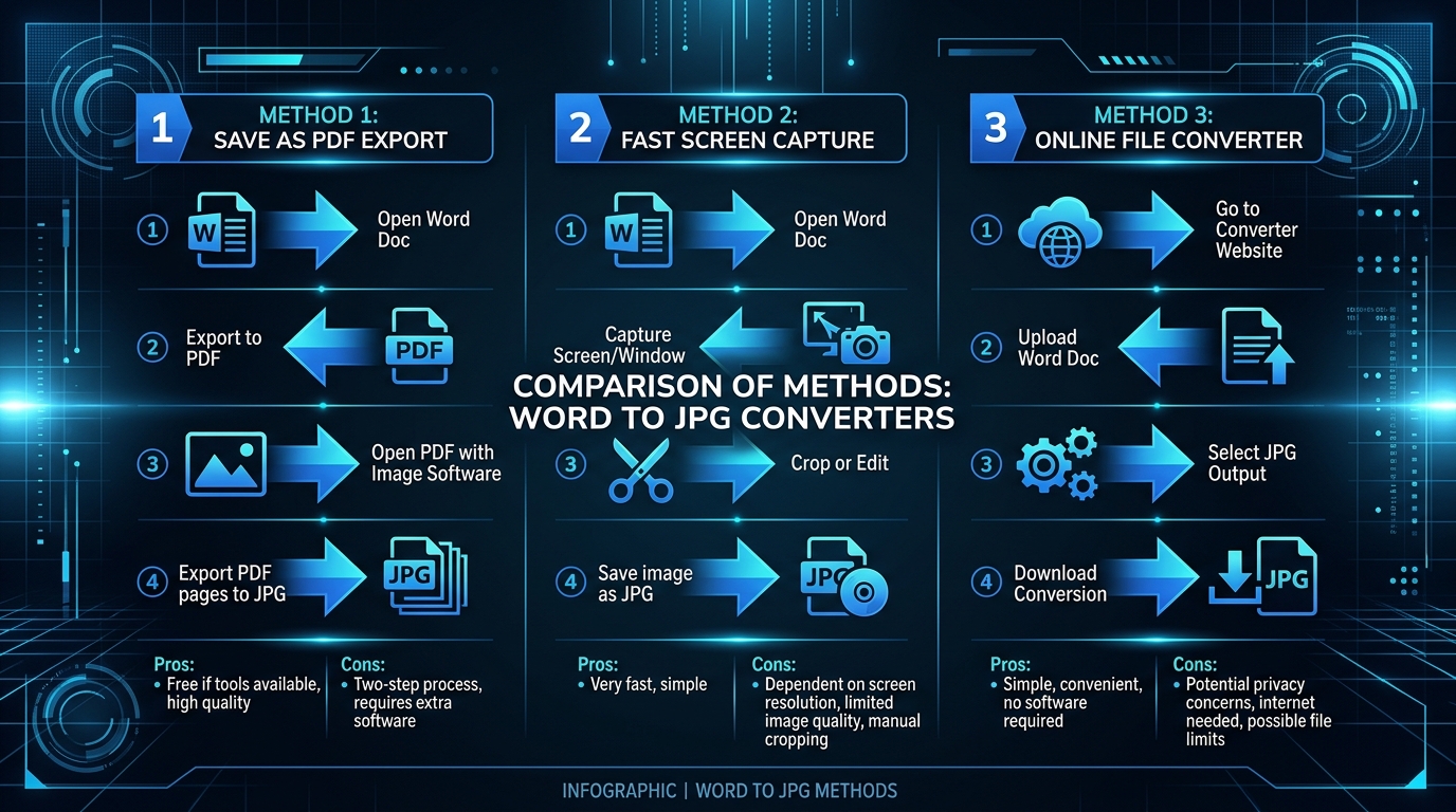 Infographic comparing different methods to convert a Word document into a JPG image.