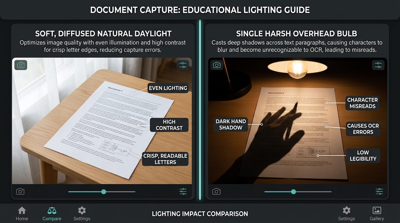 Lighting guide comparing diffused natural light against uneven shadows on photographed paperwork.