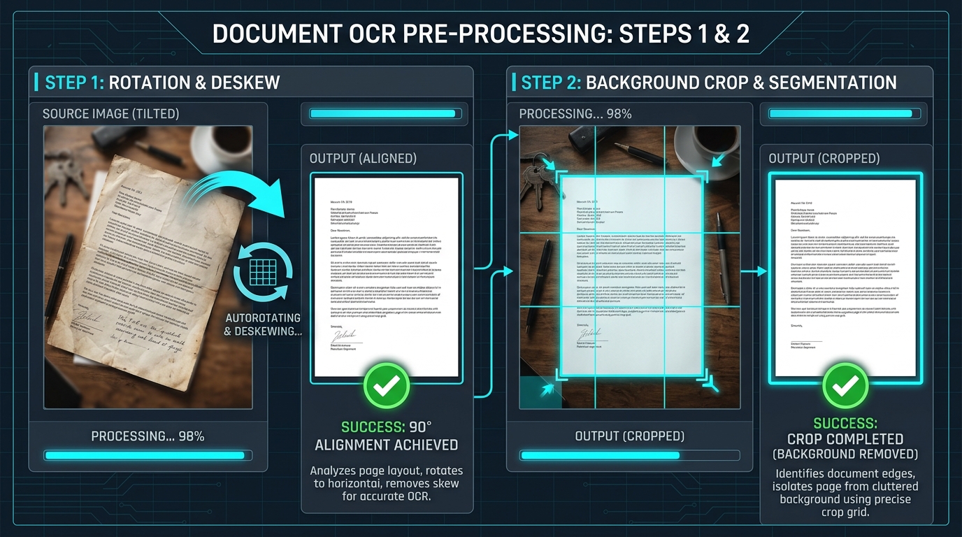 Pre-processing guide showing document straightening deskew and boundary cropping for cleaner OCR.