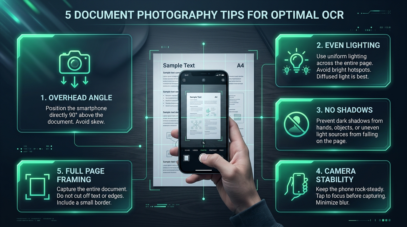 Infographic displaying five best practices for photographing paper documents with a smartphone for OCR.