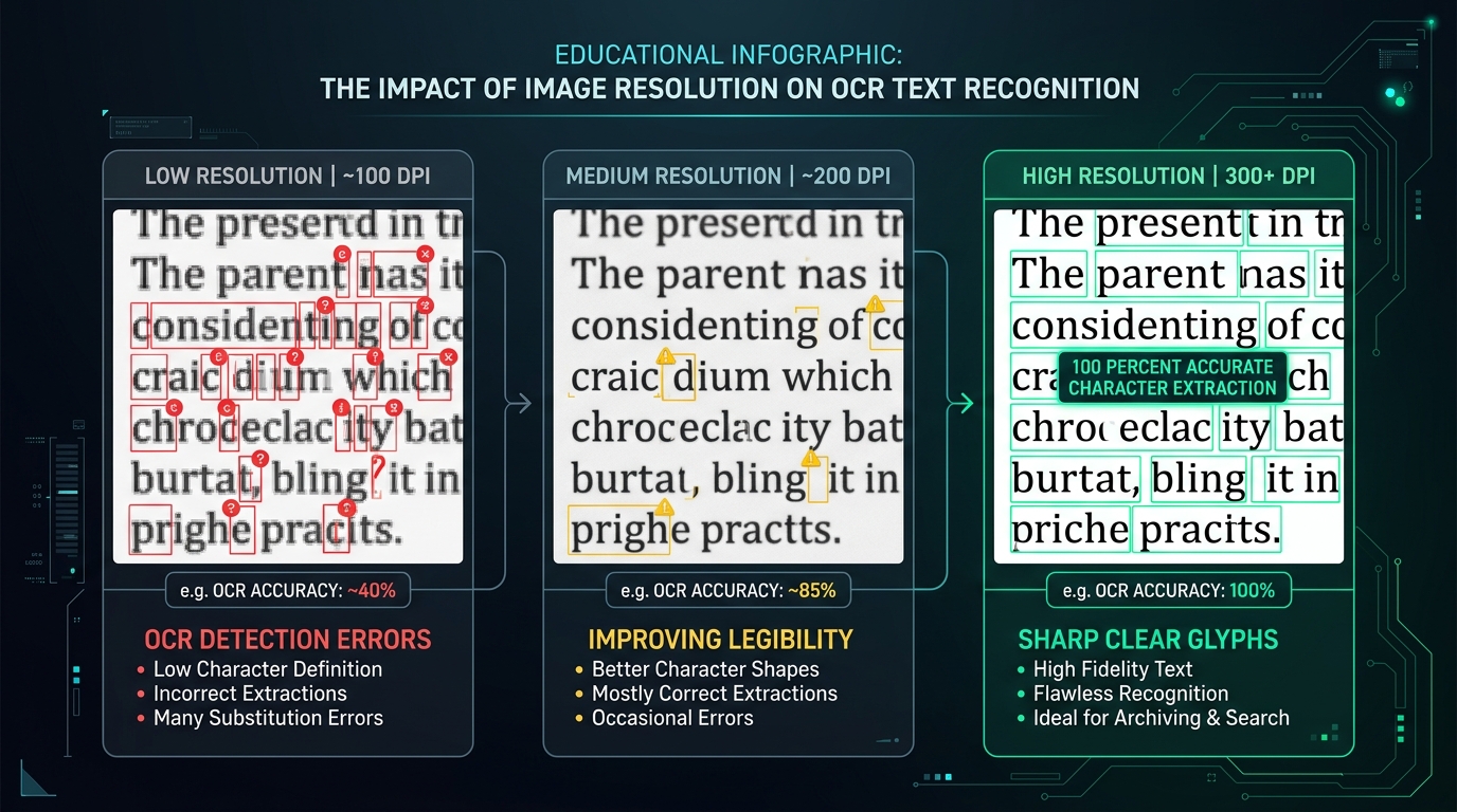 Comparison visual of high resolution versus low resolution document text clarity during OCR.