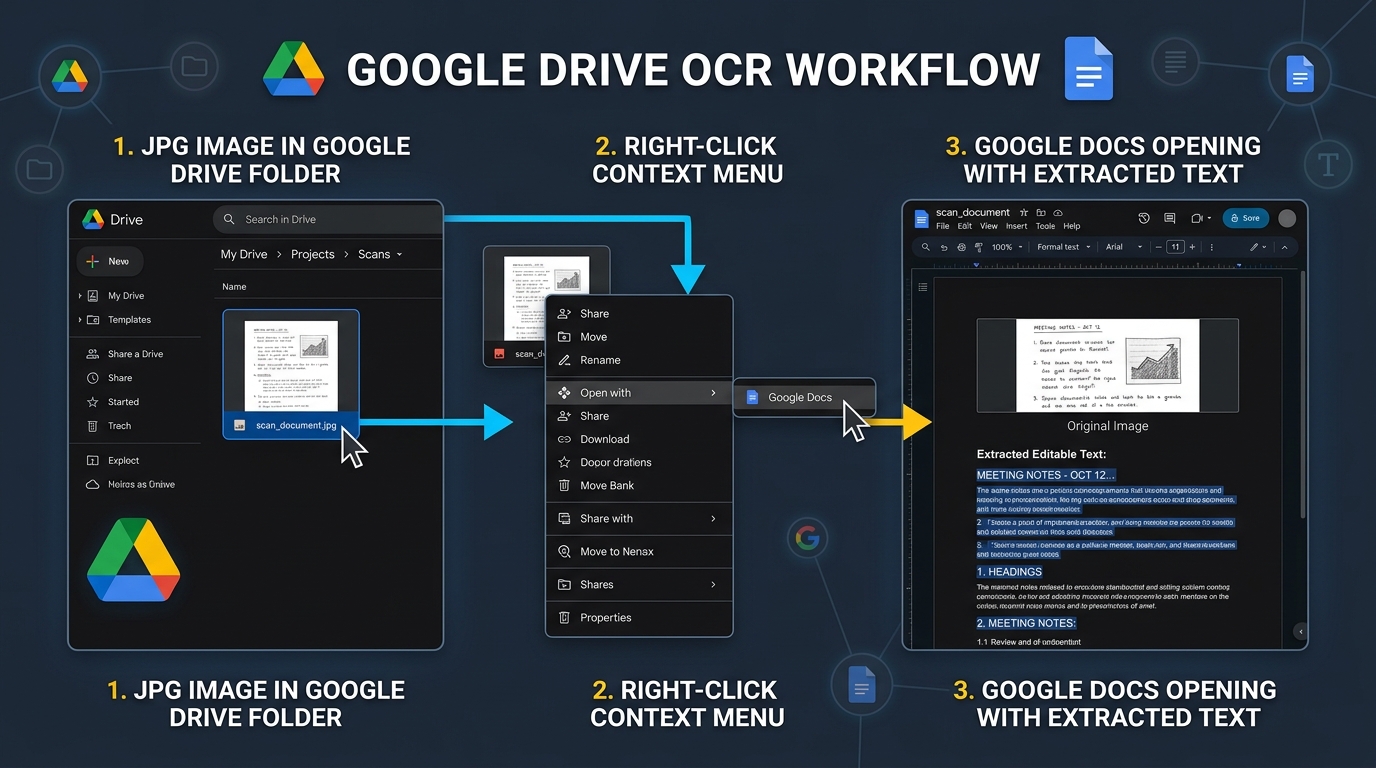 Step by step graphic showing how to use Google Drive and Google Docs to extract text from a JPG image.