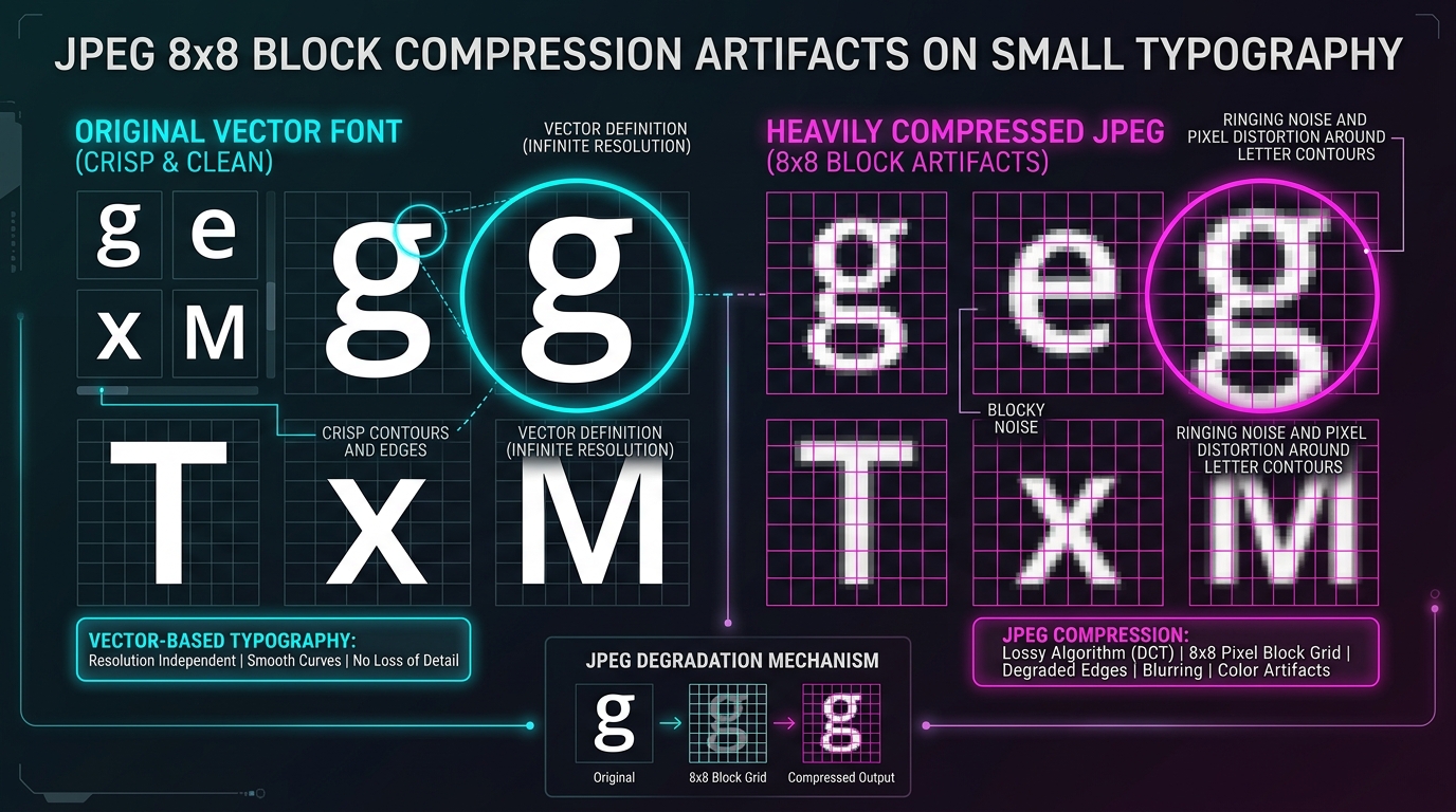 Diagram explaining how JPEG lossy compression artifacts distort small typography and footnote text.