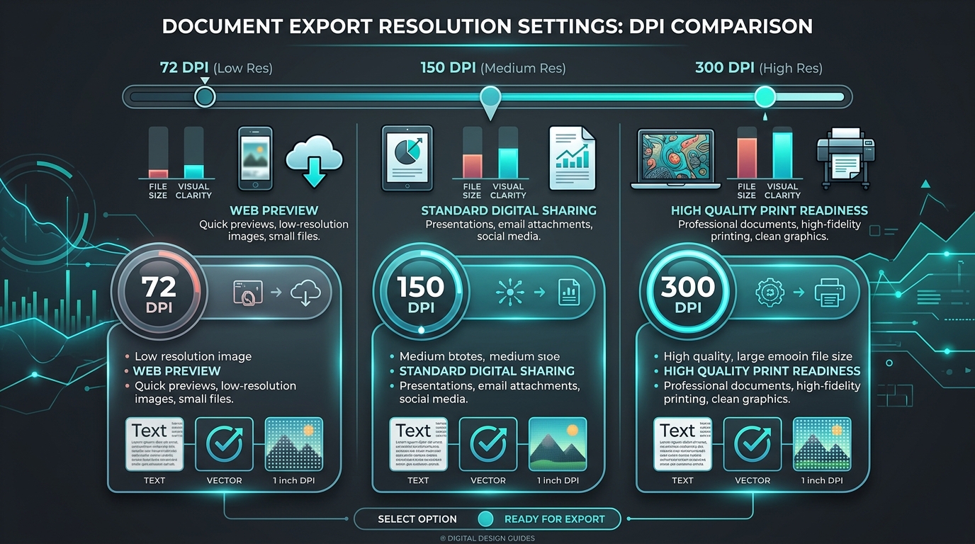 Comparison diagram showing DPI resolution and compression quality settings for document image exports.