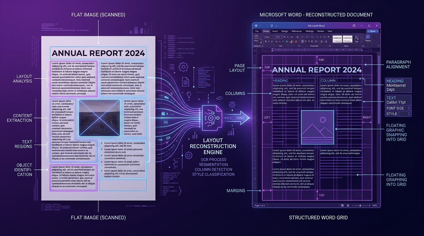 Visual diagram showing document layout analysis and formatting reconstruction from flat image to Word document.