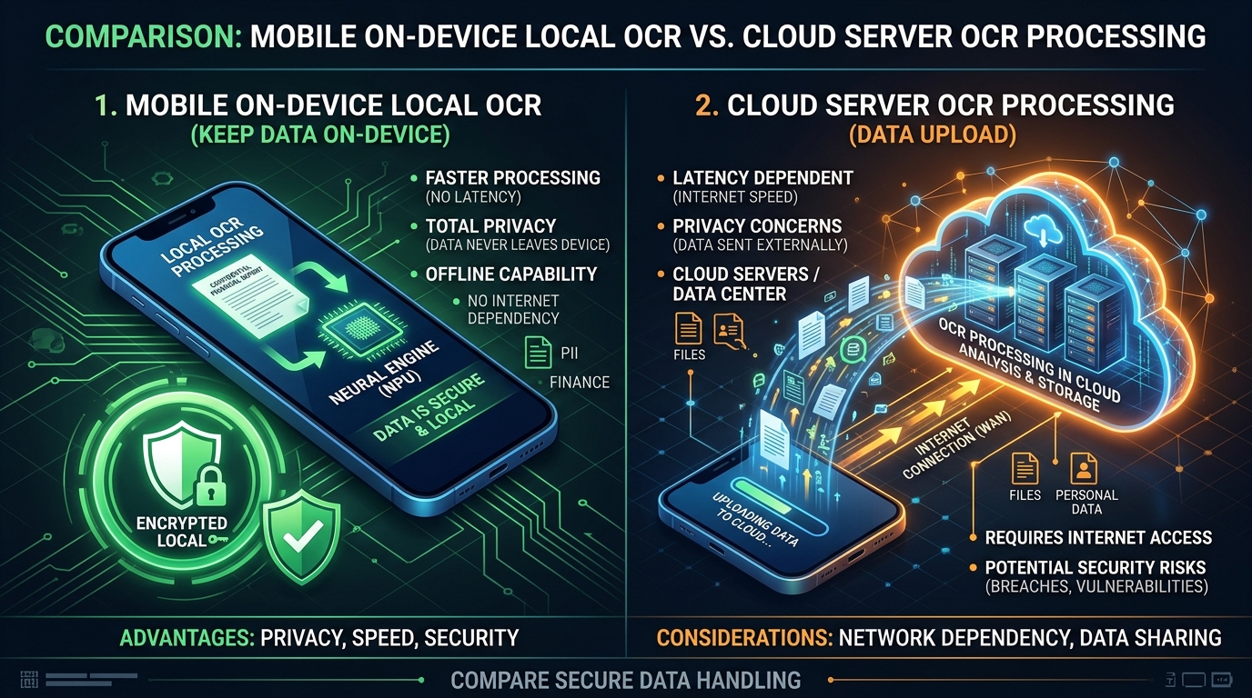 Security diagram comparing on-device private document processing with cloud server OCR transmission.
