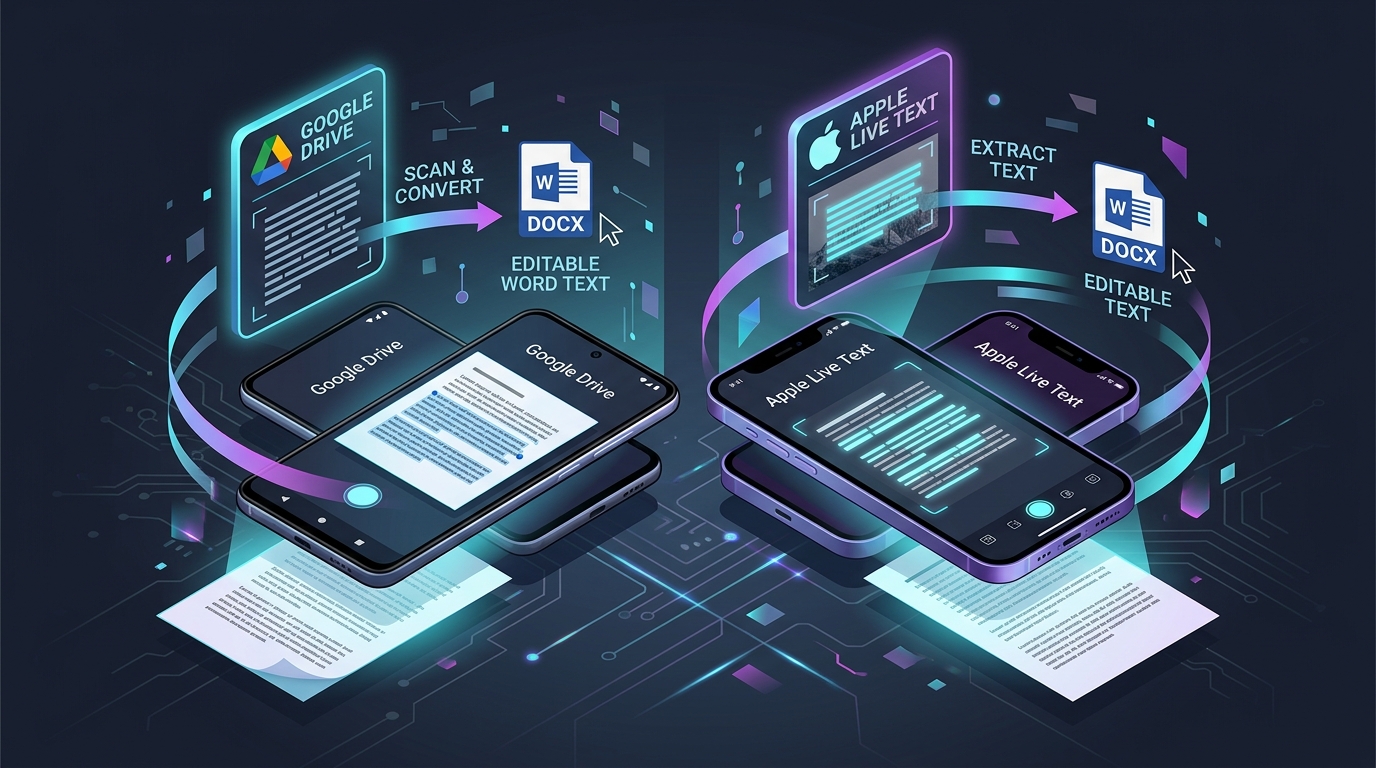 Illustration showing mobile document scanning and text extraction on Android and iPhone smartphones.