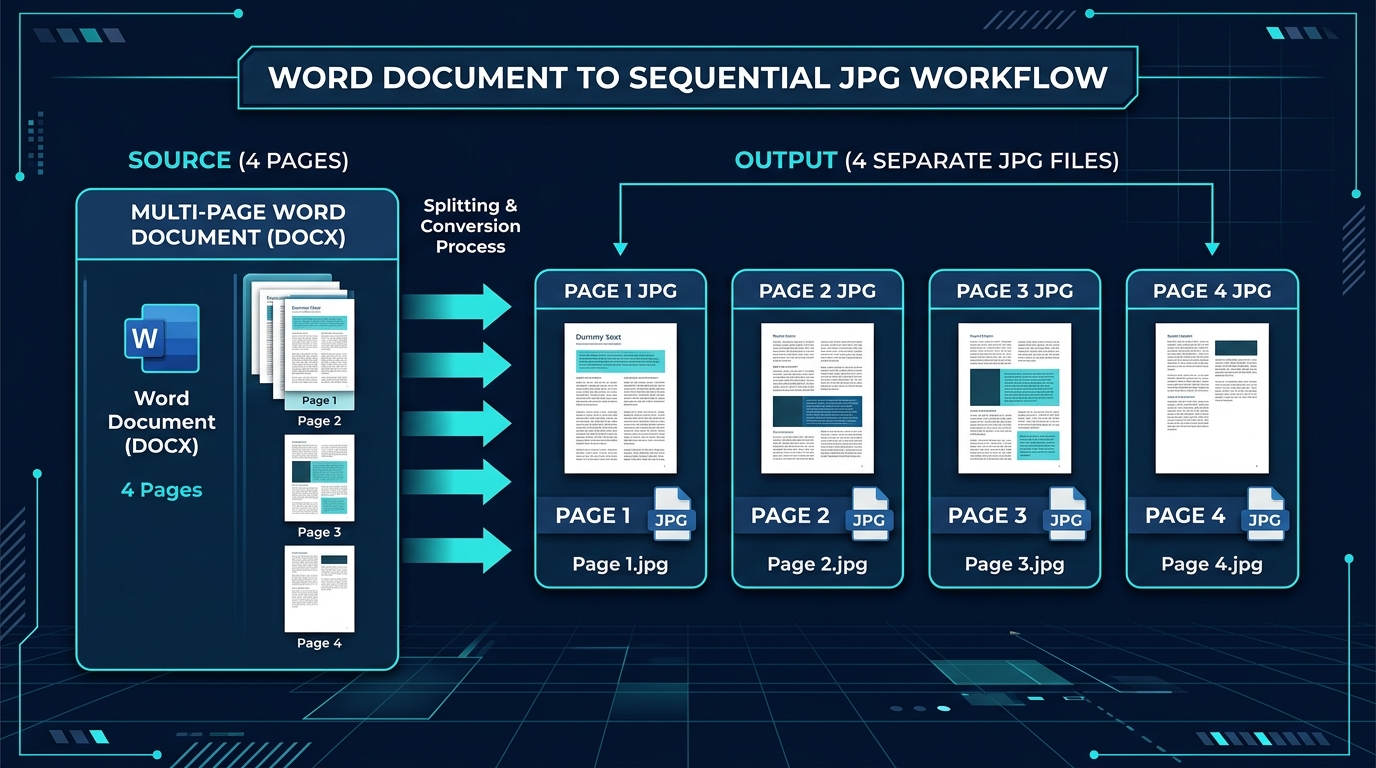 Illustration showing multi-page Word document converting into individual sequential JPG images.