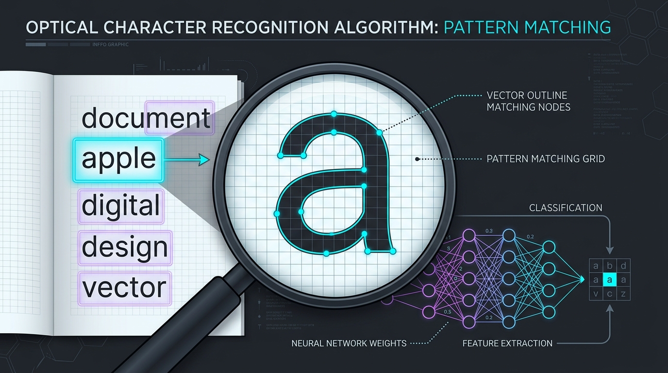 Diagram of optical character recognition comparing pixel shapes against font libraries.