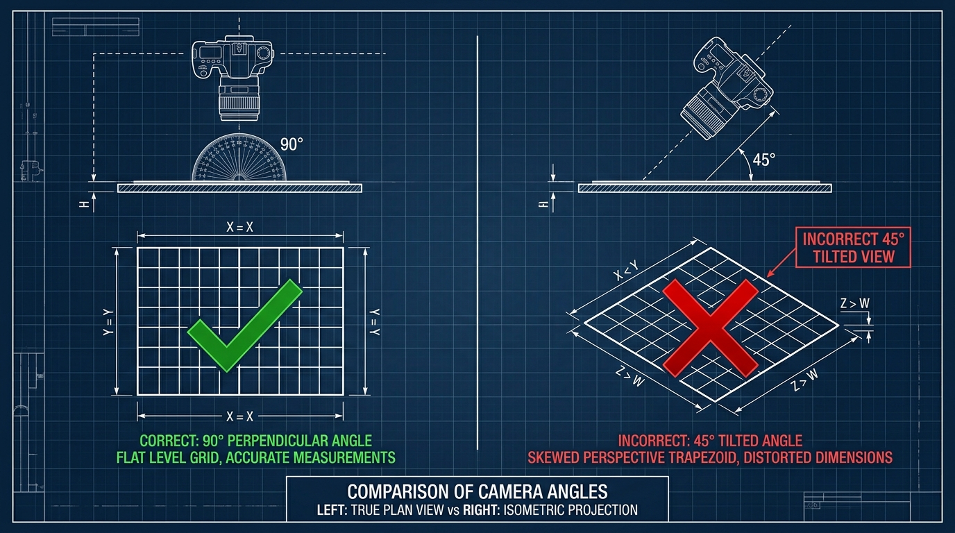 Diagram showing proper overhead camera angle alignment to eliminate perspective skew.