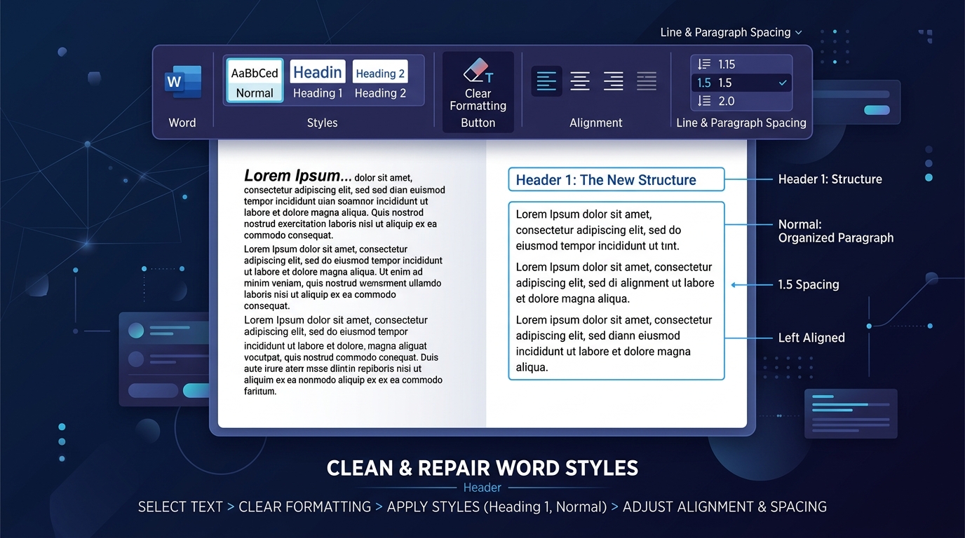 Infographic demonstrating the process of repairing and restyling an OCR converted Word document.