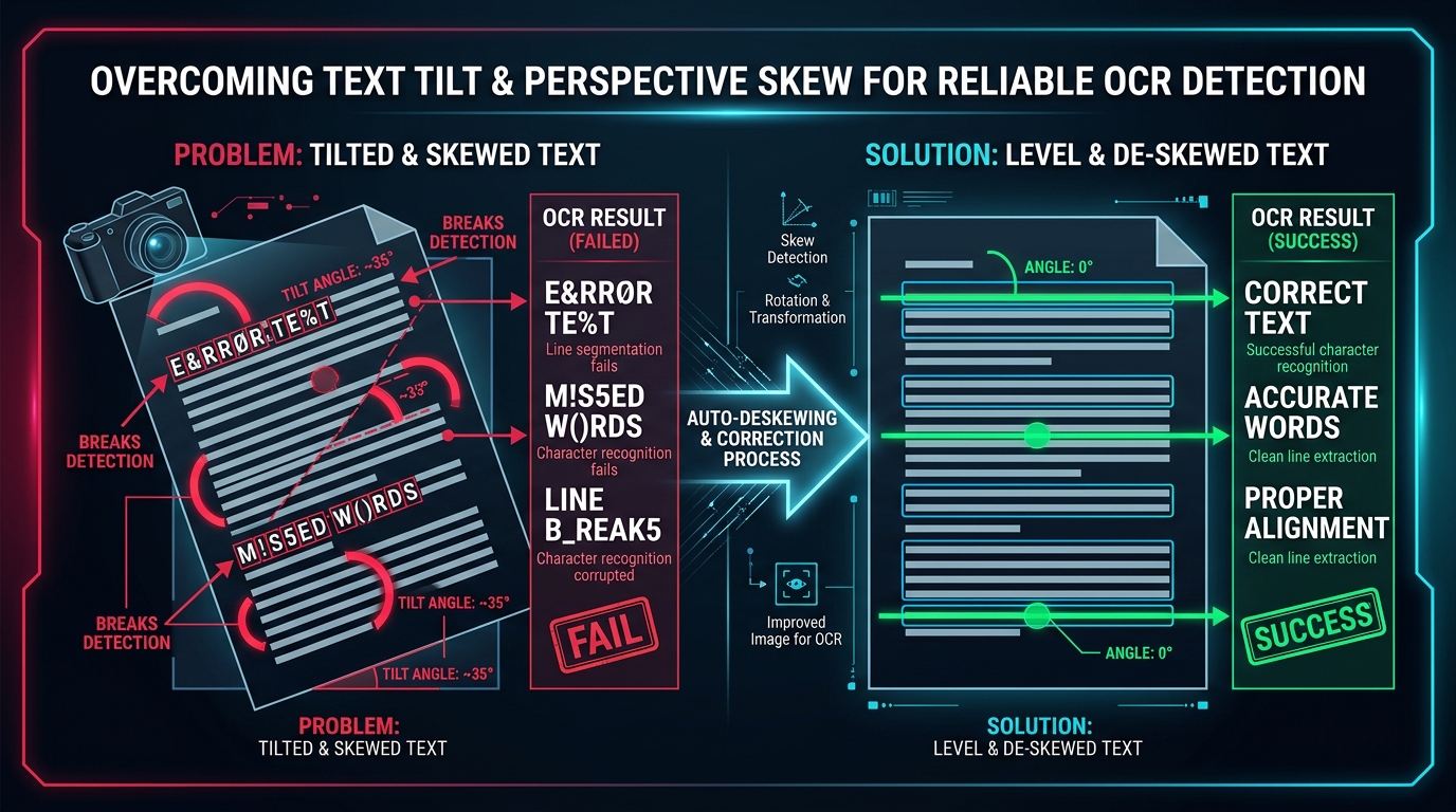 Visual guide illustrating the impact of image skew on OCR accuracy and automatic deskew correction.