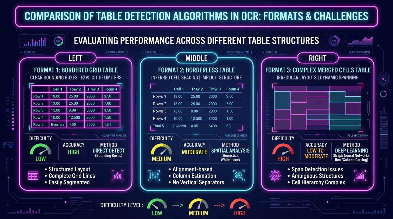 Illustration comparing bordered table cell detection against complex borderless table extraction.