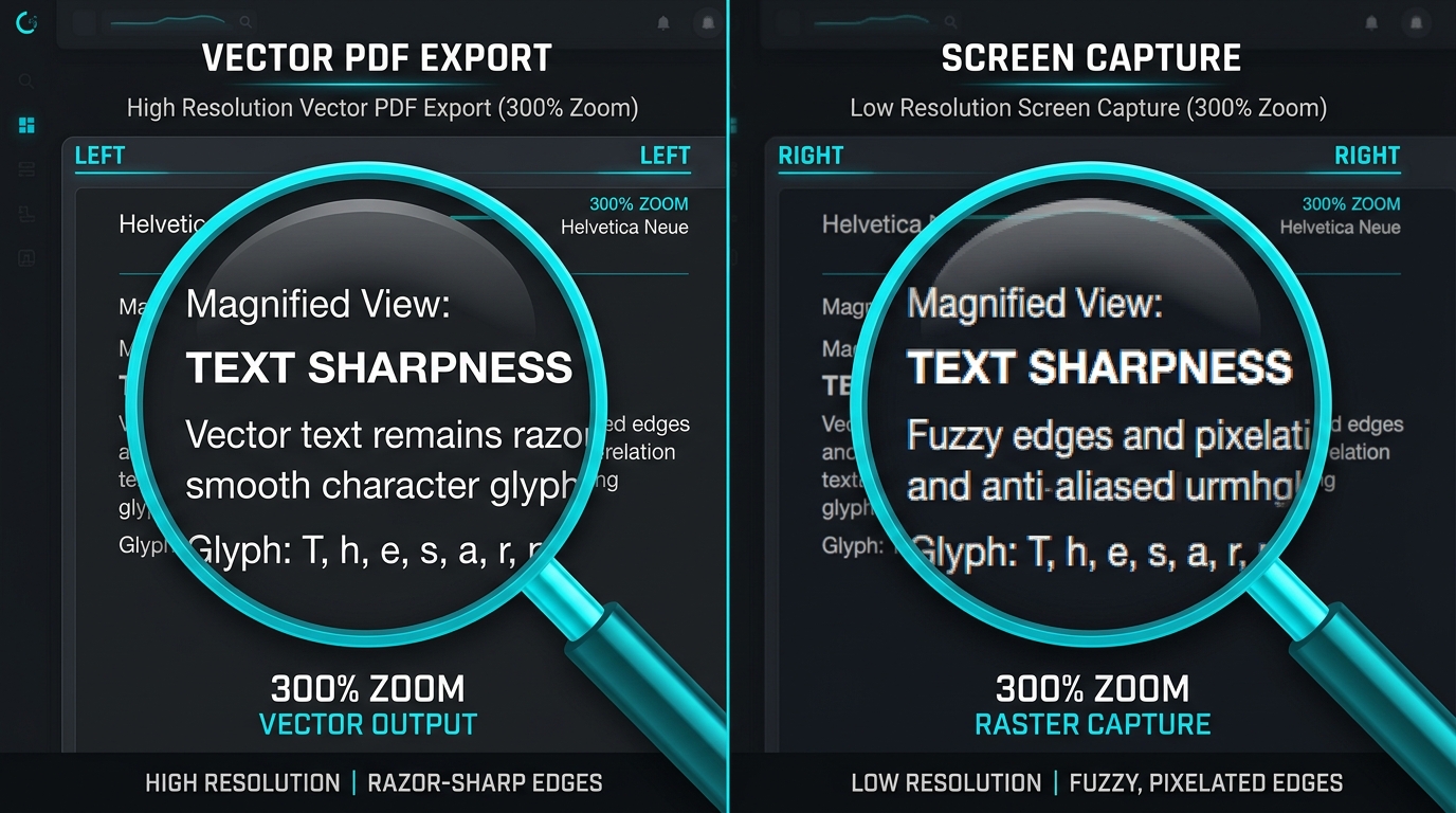 Visual comparison between high resolution PDF export text clarity and standard screen capture zoom.