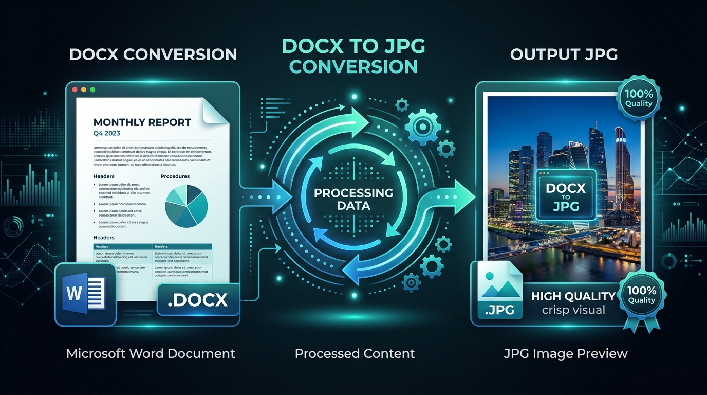 Process diagram showing Microsoft Word document exporting to high quality JPG image format.